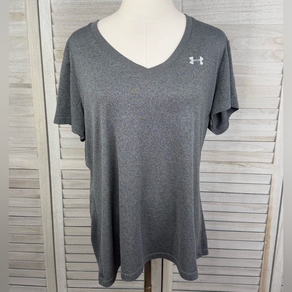 UNDER ARMOUR Women's Tech V Neck T-Shirt Loose Heatgear Gray Space Dye-XL